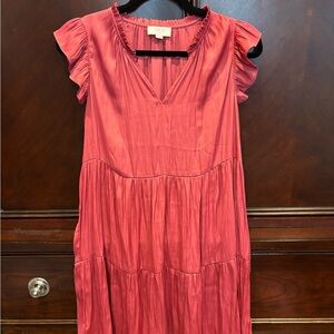 LOFT Coral V-Neck Tiered Flutter Sleeve Midi Dress